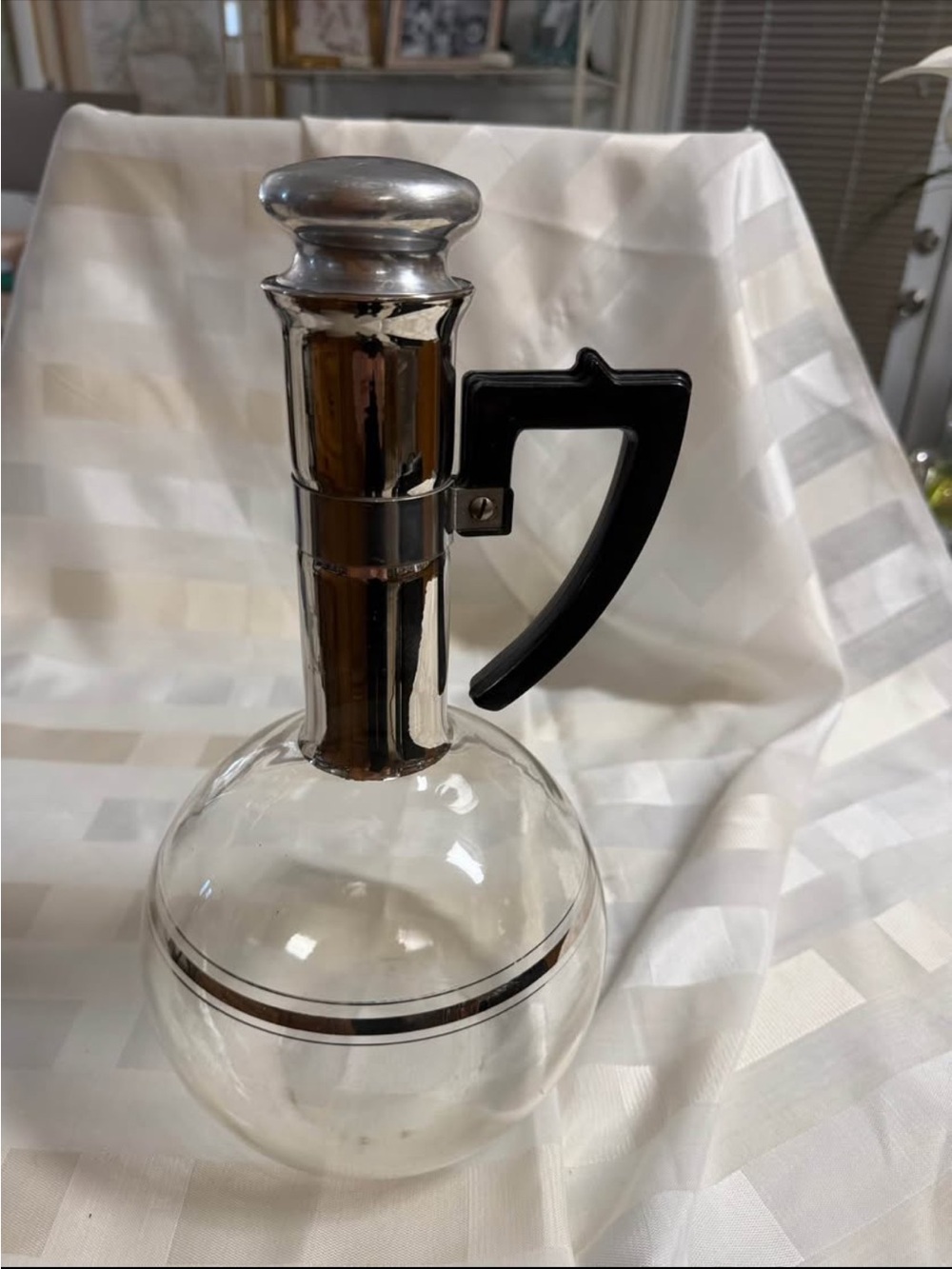 Mid century modern Decanter with Black Handle and Silver Accents